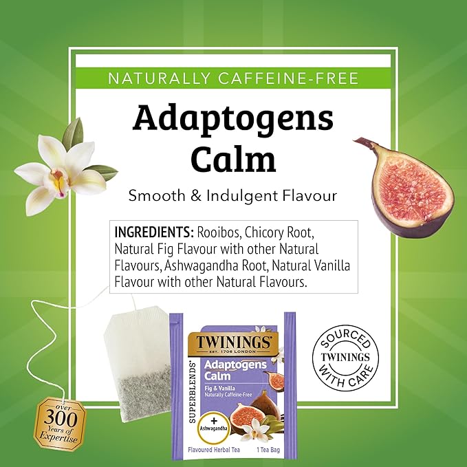 Twinings Superblends Adaptogens Calm with Ashwagandha Fig & Vanilla Flavoured Herbal Tea Caffeine-Free, 18 Tea Bags (Pack of 1), Enjoy Hot or Iced