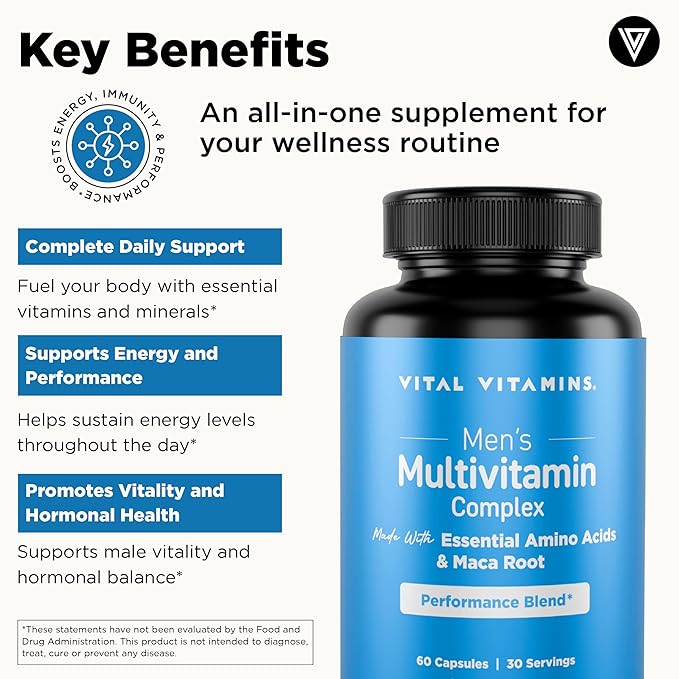 Vital Vitamins Men's Multivitamin Complex - Made with Essential Amino Acids & Maca Root - with Vitamin A, C, E, B6, B12, D3 & Male Performance Blend - Daily Mens Multivitamin - 60 Capsule