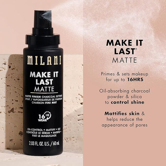 Milani Setting Spray + Primer, Make It Last Matte- Oil Absorbing Charcoal Formula to Control Shine, Matte Finish Setting Spray for Makeup and Primer for Oily Skin, Prime +Correct + Set - 2 Pack