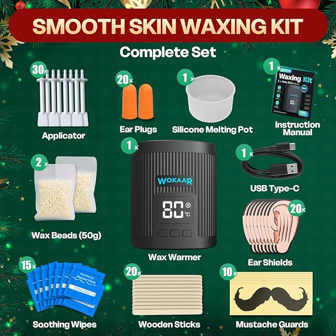 Nose Wax Kit for Eyebrow and Ear Hair | 100gWax, 50 Face Waxing Sticks | USB-C(5V/2A) Wax Warmer | Hair Removal Kit for Men & Women | 15 Pre/Post Wipes, Ear and Mustache Guards & Earplug