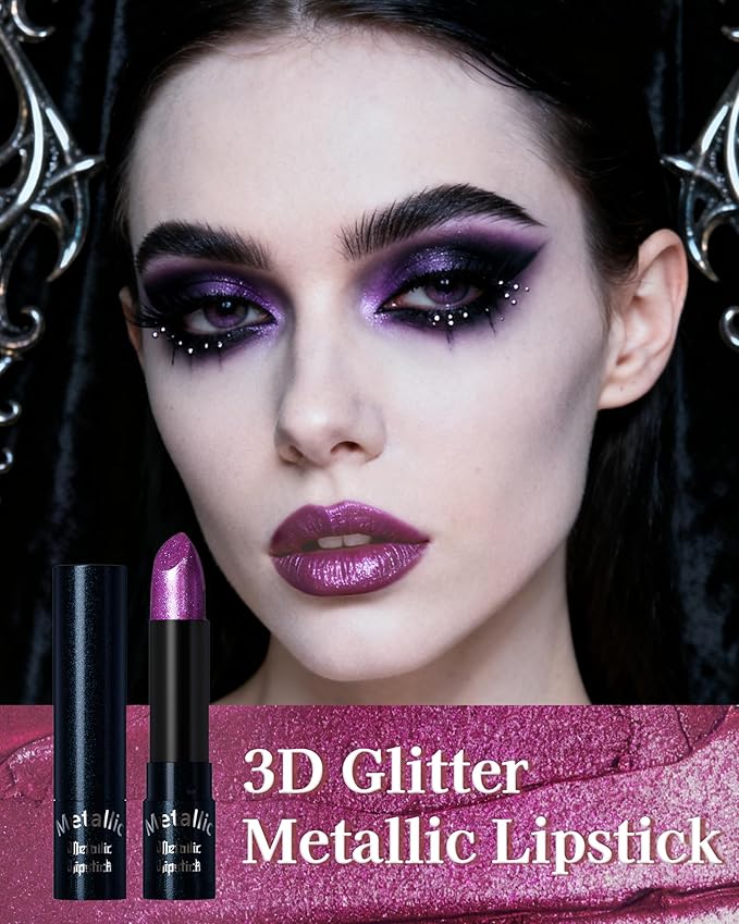 Glitter Metallic Shimmer Lipstick, Purple Lipstick Long Lasting, Diamond High Pigmented Shiny Metallic Lip Stick, Non-sticky Sparkly Lipsticks for Women Christmas Makeup-12 Purple