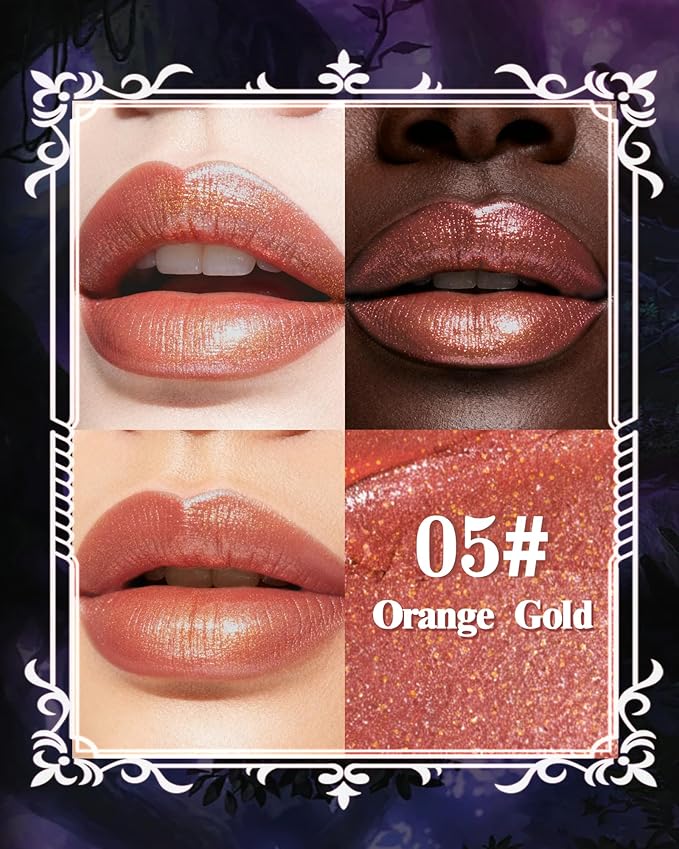 Glitter Metallic Shimmer Lipstick, Orange Gold Pink Lipstick Long Lasting, Diamond High Pigmented Shiny Metallic Lip Stick, Non-sticky Sparkly Lipsticks for Women Christmas Makeup-05 Orange Gold