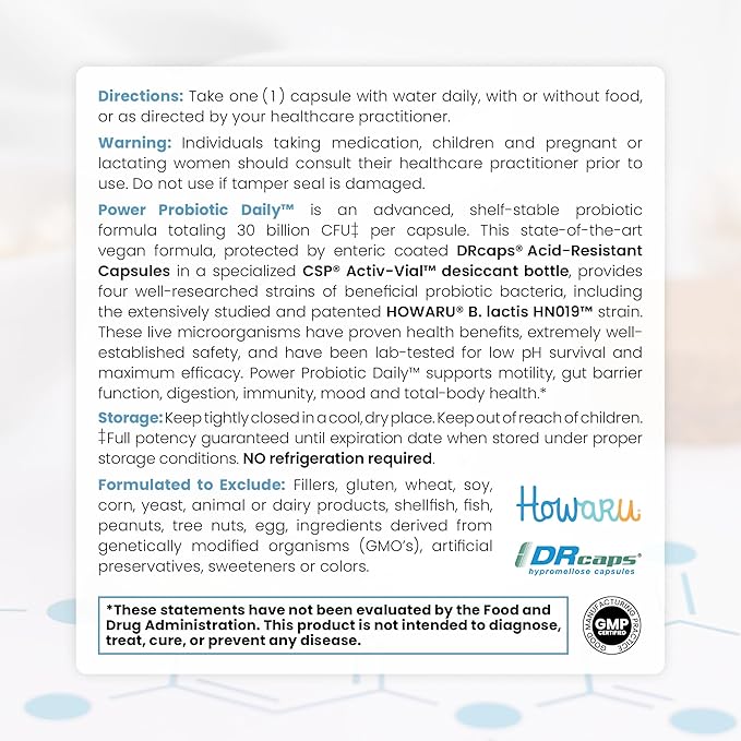 Power Probiotic Daily - 30 Acid-Resistant Capsules | 4 Proven Strains - 30 Billion CFU/Capsule | Patented Activ-Vial Desiccant Bottle to Ensure Freshness | NO Refrigeration Required