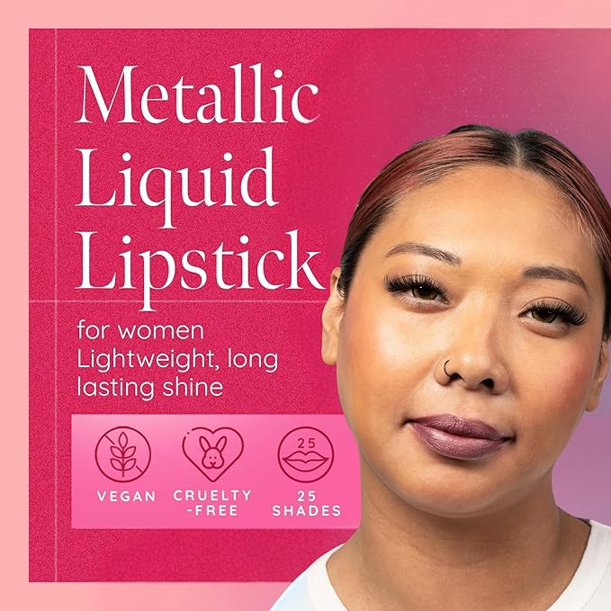 Aromi Metallic Liquid Lipstick | Chestnut Rose Lip Color with Shimmery Finish, Long-lasting + Long Wear, Smudge Proof, Waterproof, Vegan, Cruelty-free (Burgundy Quartz)