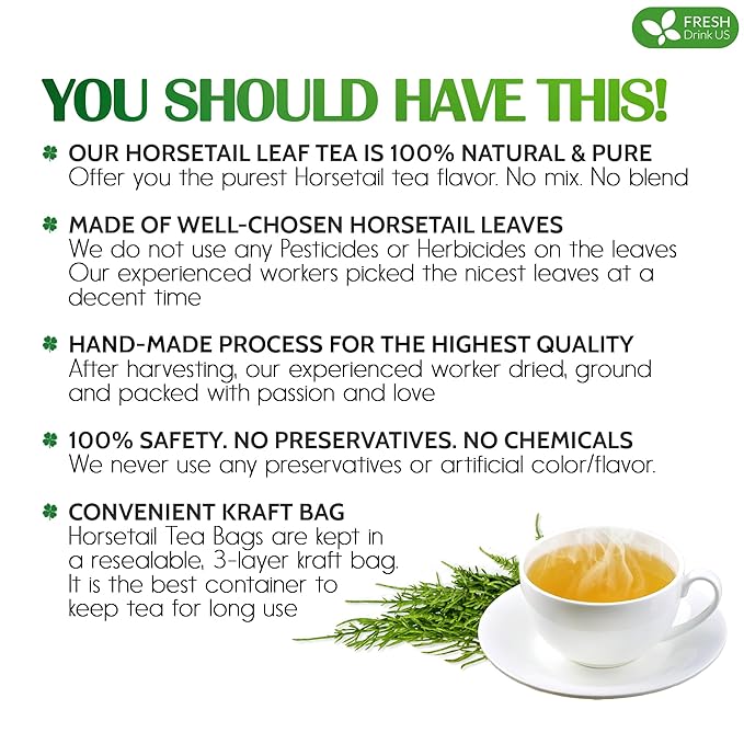 FreshDrinkUS, Premium 55 Horsetail Leaf Tea Bags, 100% Natural & Pure from Horsetail Loose Leaves Herbal Tea. Made with Natural Material Tea Bags. No Sugar, No Caffeine, No Gluten, Vegan.
