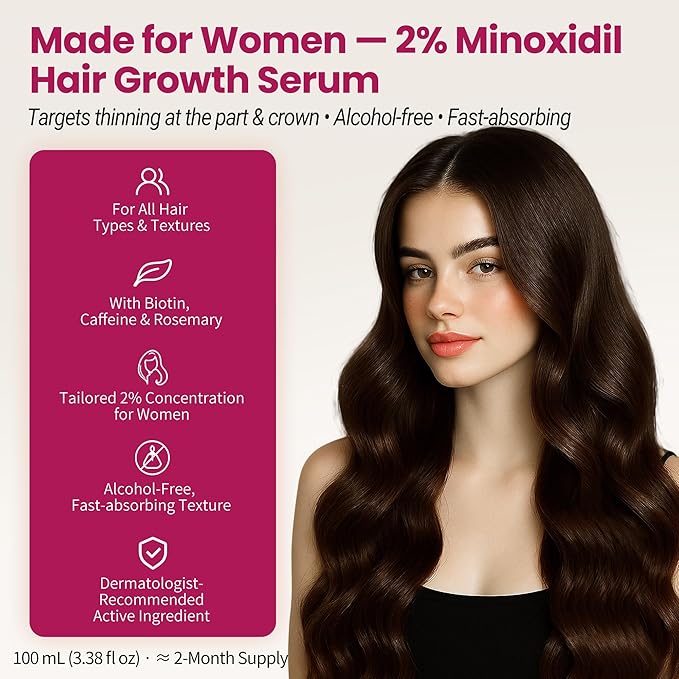 Minoxidil Hair Growth Serum, 2% Minoxidil for Women Topical Solution, Advanced Hair Regrowth Treatment for Thinning Hair Loss, Thicker Fuller Hair, with Biotin Rosemary Caffeine Jojoba Ginseng, 100mL