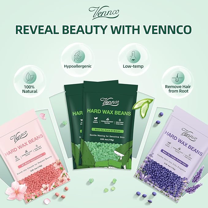 Hard Wax Beads Kit for Hair Removal, 36 Pieces Wax Beads for Full Body, Face, and Brazilian Bikini, Aloe, Lavender, Cherry Blossom - Includes Pre and Post Wax Oils