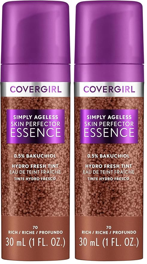 Covergirl Simply Ageless Skin Perfector Essence Foundation, 70 Rich, Tinted Skincare Makeup Hybrid, Sheer Tint, Radiant Finish, Glowy Finish, Vegan Formula, 1.0oz (Pack of 2)
