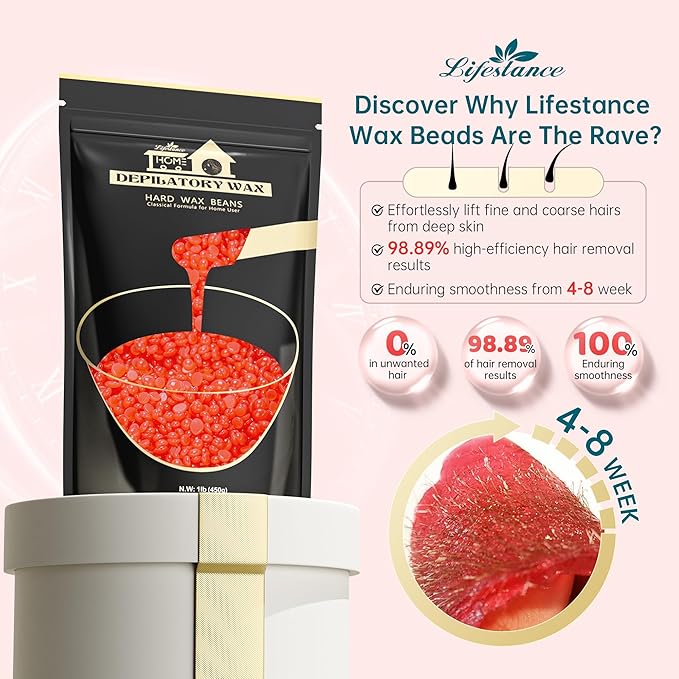 Lifestance Hard Wax Beads, 1lb Strawberry Red for Coarse Hair Removal, Painless Bikini and Body Waxing for Fine Hair - Wax Warmers at Home for Women and Men