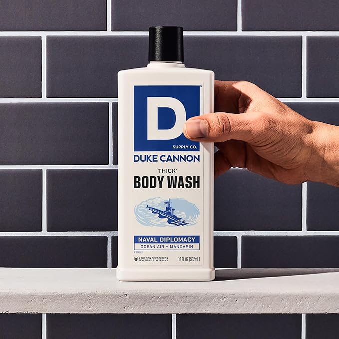 Duke Cannon Supply Co. Thick High Viscosity Body Wash - 3X Thicker, Cleansing Shower and Bath Gel, Mineral-Enriched Body Wash - Citrus Musk + Cedarwood - Mens Body Scrub - Naval Diplomacy (18 oz)