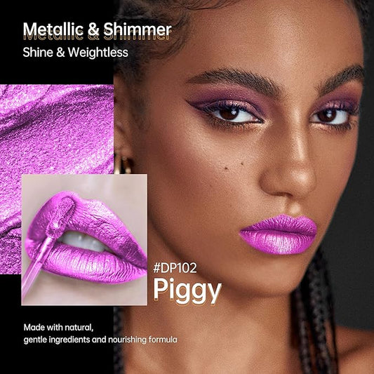 Purple Lipsticks for Women Metallic Lipstick Long Lasting Lip Gloss Metal Shine Lightweight Hydrating Full Coverage Lip Color, DP102 Piggy