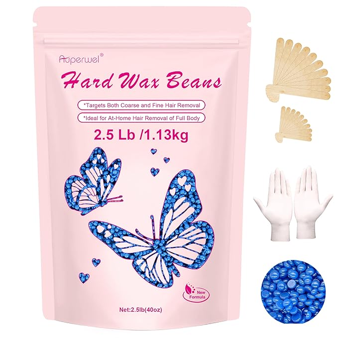 Wax Beads for Sensitive Skin Hair Removal - 2.5lb Hard Wax Pearls with 20 Sticks for Brazilian, Bikini, Back, and Chest, Painless Refill for Waxing Kit (Chamomile)
