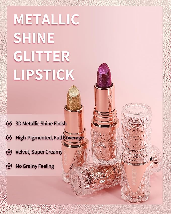 Glitter Metallic Shimmer Light Gold Lipstick Long Lasting,Diamond High Pigmented Nude Red Metallic Matte Liquid Lipstick Non-Stick Lip Gloss,Transfer Proof Lip Color Lip Stick Makeup for Women-01
