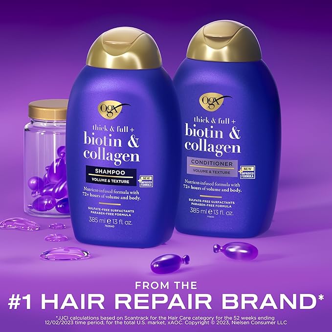 OGX Thick & Full + Biotin and Collagen for Hair Volume & Body, Sulfate Free Volumizing Shampoo & Conditioner Set for Fine & Thinning Hair, Nutrient-Infused, Vitamin B7, 13 fl oz, 2 Pack