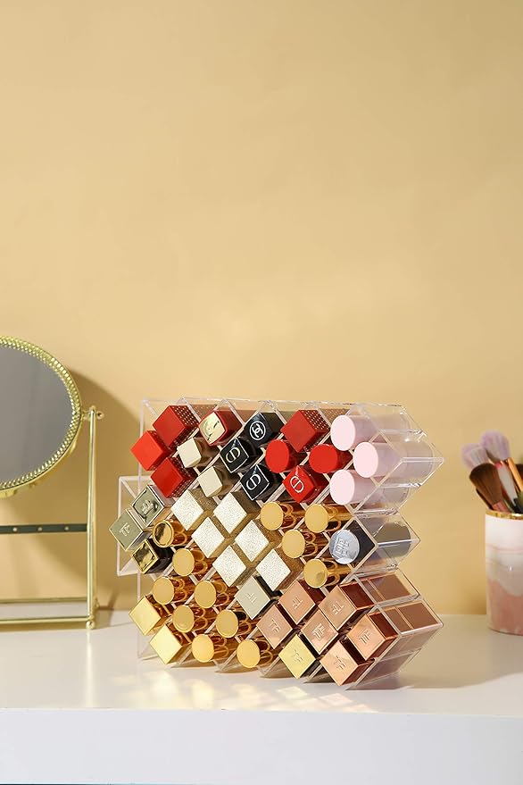 Lipstick Holder Organizer 64 Spaces Acrylic Stackable Fish Shape Lipstick Tower, Lip Gloss Storage Stand, Perfect for Lipgloss Organizers Makeup Vanity Display, Clear (4 Pack)