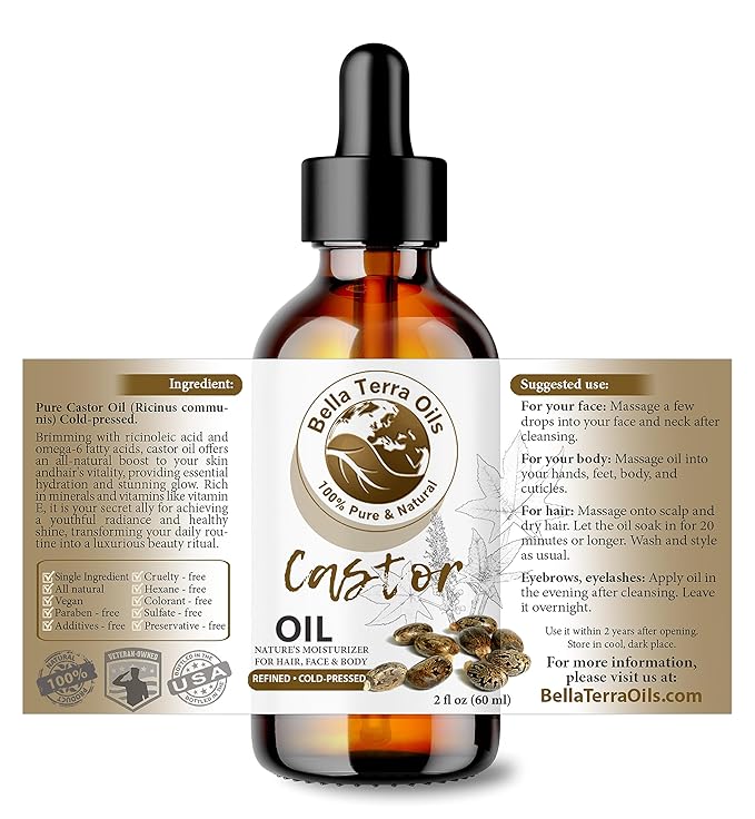 Bella Terra Oils - Organic Castor Oil 2oz Glass Bottle - Pure & Cold-Pressed, Rich in Stearic Acid for Skin & Hair Care
