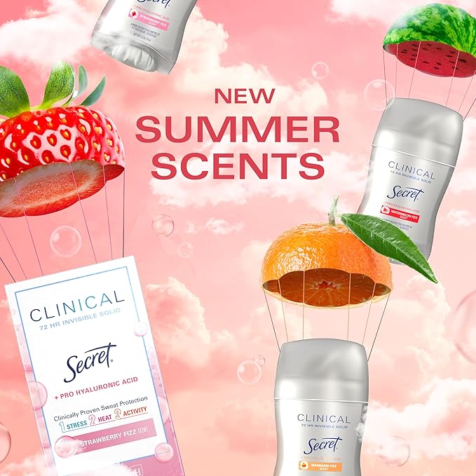 Secret Clinical Strength Antiperspirant Deodorant for Women, 3X Stress Protection, 72hr Sweat & Odor Protection, Pro-Hyaluronic Acid, Invisible Solid, Watermelon Summer Fizz Scent, 1.6 oz