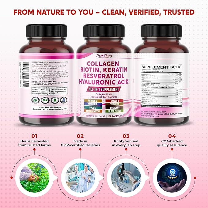 Collagen Biotin Resveratrol Saw Palmetto - Skin, Joint Health Support - Made in USA