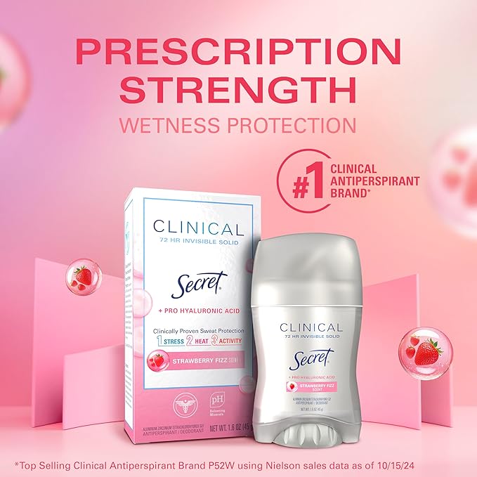 Secret Clinical Strength Antiperspirant Deodorant for Women, 3X Stress Protection, 72hr Sweat & Odor Protection, Pro-Hyaluronic Acid, Invisible Solid, Strawberry Summer Fizz Scent, 1.6 oz