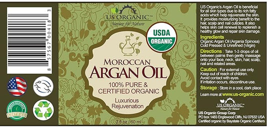 US Organic Moroccan Argan Oil, USDA Certified Organic,100% Pure & Natural, Cold Pressed Virgin, Unrefined, 2 Oz in Amber Glass Bottle, for Hair treatment, Skin, Nail, Cuticle, Sourced from Morocco.