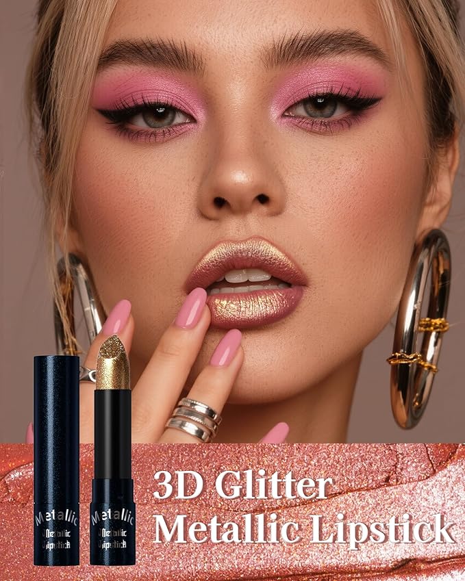 Glitter Metallic Shimmer Lipstick, Orange Gold Pink Lipstick Long Lasting, Diamond High Pigmented Shiny Metallic Lip Stick, Non-sticky Sparkly Lipsticks for Women Christmas Makeup-05 Orange Gold