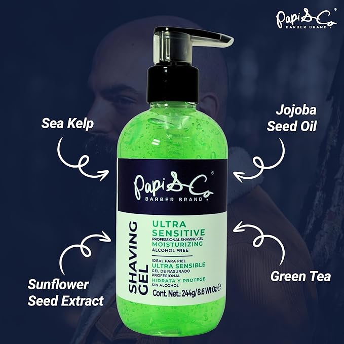 Papi & Co. Shave Gel Men – Sensitive Skin Shaving Gel with Brazilian Mint Oil – Clear Non-Foaming Formula for Beard and Mustache – Moisturizing Barber Grooming Skincare, Alcohol-Free – 8.6oz