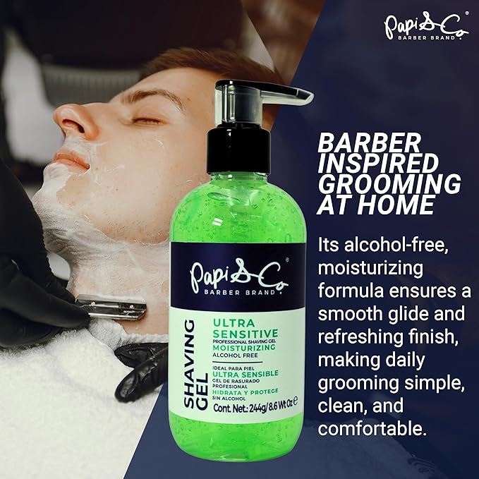 Papi & Co. Shave Gel Men – Sensitive Skin Shaving Gel with Brazilian Mint Oil – Clear Non-Foaming Formula for Beard and Mustache – Moisturizing Barber Grooming Skincare, Alcohol-Free – 8.6oz