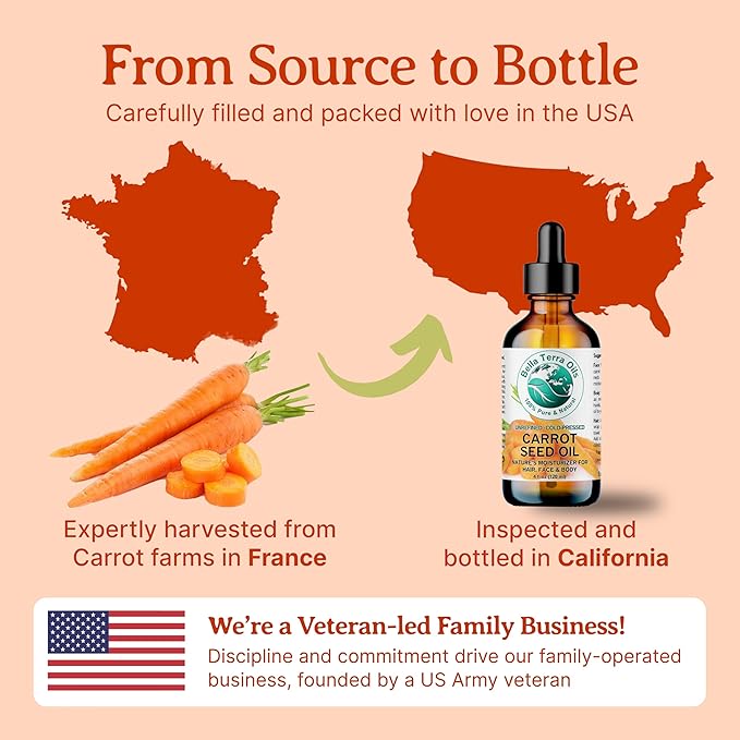Bella Terra Oils - Organic Carrot Seed Oil 2 oz - Cold-Pressed Elixir, Abundant in Vitamin A & E, Beta-Carotene Richness, Ideal for Nourished Skin Radiance