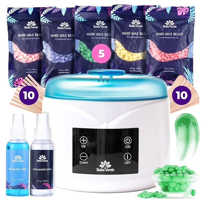 Bella Verde Waxing Kit for Women & Men -Digital Wax Warmer with Hard Beads, Pre & Post Spray, Hot Wax Pot Machine for Face, Eyebrows, Body, Legs, Bikini - At-Home Hair Removal for Sensitive Skin