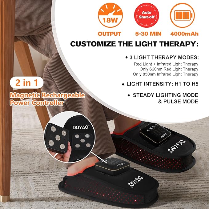 TUOB Cordless Red Infrared Light Therapy for Feet Pain Relief, Rechargeable LED Light Therapy Device for Foot, Double Side Pad Infrared Light Slipper Benefit for Feet Toes Instep Joint Pain Relief