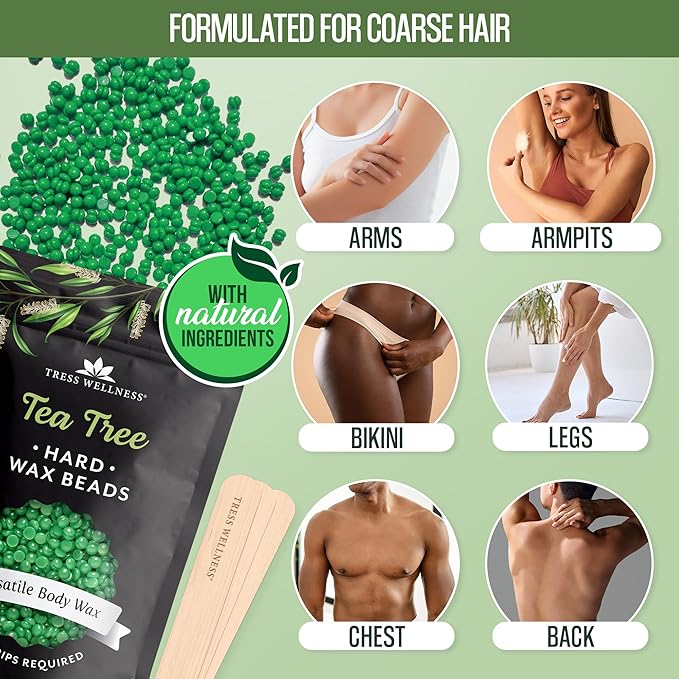 Tress Wellness Wax Beads - Safe for Skin - Dermatologically Tested - At-Home Kit for Bikini, Brazilian & Full Body - Tea Tree 2.4 lb F8