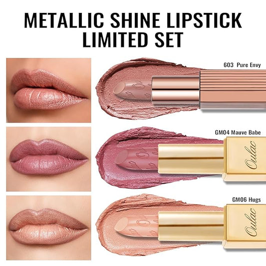 Oulac Metallic Nude Lipstick Set 3PCS, Comfortable Creamy Texture, Smooth No Grainy Feeling, Vegan & Gluten Free, Full-Coverage Lip Makeup, 3 X 4.3 g, 603+GM04+GM06