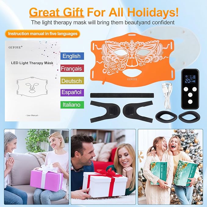 Red Light Therapy for Face with Ice Compress, 850nm Infrared Red Light Therapy, 8 Light Modes Led Face Mask Light Therapy, 4 in 1 lamp beads, 3000mAh, Facial light therapy devices for Home, Orange