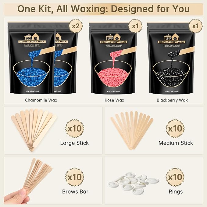 Lifestance Wax Beads Set, 4 Kinds of Waxing Beads, Hard Wax Beans with 44 Items, Perfect for Any Waxing Warmers for Hair Removal for Brazilian Bikini, Brazilian, Legs, Body