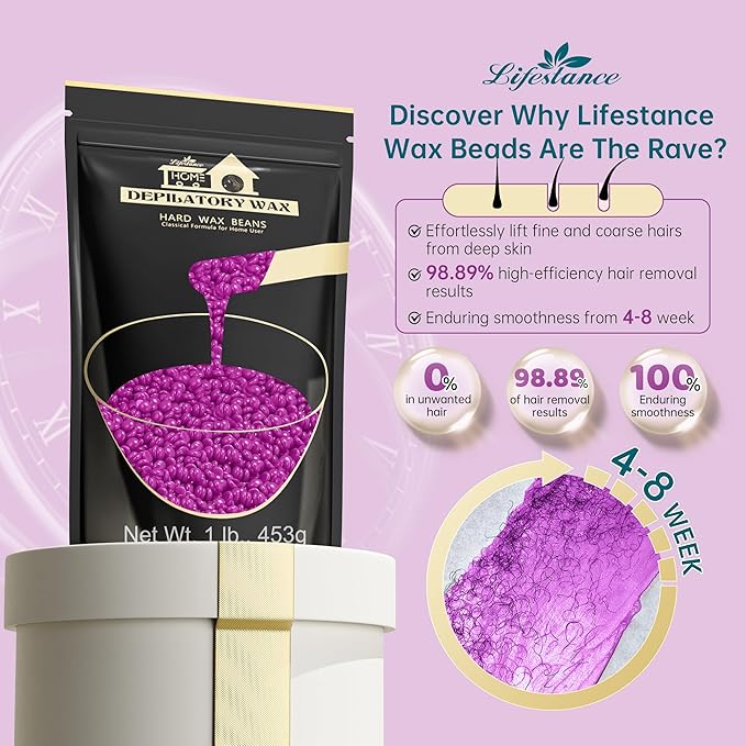 Lifestance Violet Waxing Beads, 1LB Coarse Hair Removal Wax Beans for Face, Eyebrow, Brazilian Bikini, Sensitive Skin at Home for Women and Men