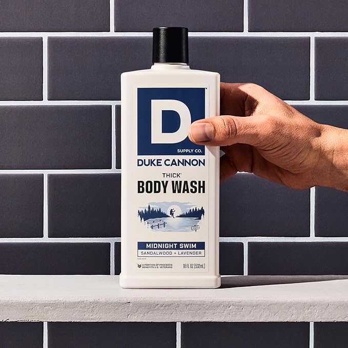 Duke Cannon Supply Co. Thick High Viscosity Body Wash - 3X Thicker, Cleansing Shower and Bath Gel, Mineral-Enriched Body Wash for Men - Sandalwood + Lavender - Mens Body Scrub - Midnight Swim (18 oz)