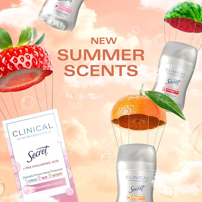 Secret Clinical Strength Antiperspirant Deodorant for Women, 3X Stress Protection, 72hr Sweat & Odor Protection, Pro-Hyaluronic Acid, Invisible Solid, Mandarin Summer Fizz Scent, 1.6 oz