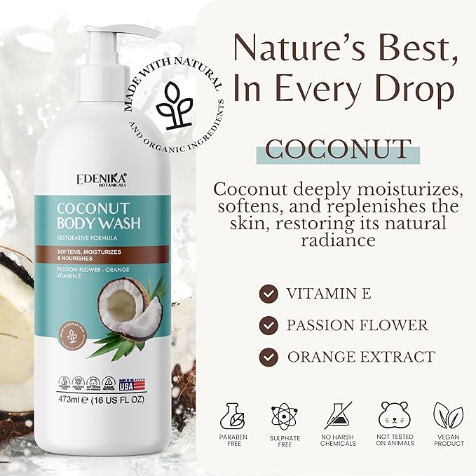 Coconut Body Wash, Cleans, Softens & Nourishes, Ultra Moisturizing Shower Gel for Dry and Sensitive Skin, Women & Men, Organic & Natural, 16 fl oz