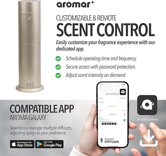 AROMAR Smart Waterless Oil Diffuser - Cold-Air Essential Scent Machine, App-Controlled, Covers 1000 Sq.Ft - Includes 'New York' Scent - Perfect for Home, Office, & Business use - Gold