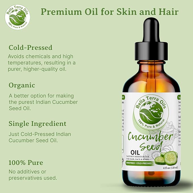 Bella Terra Oils - Cucumber Seed Oil 16oz - A Tribute to Cucumber's Vitality, Packed with Silica & Tocopherols, An Essential for Radiant Skin