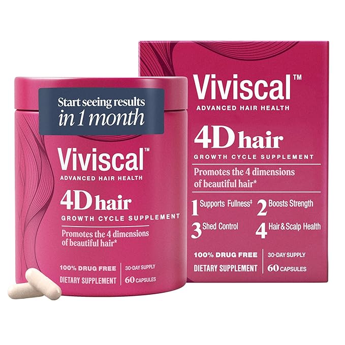Viviscal 4D Hair Growth Cycle Supplements for Women for Full, Strong, and Healthy Hair; Made with Keratin, Vitamin A, Biotin, Zinc, 30 Day Supply, 60 Count