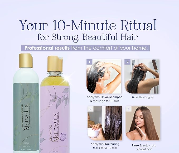MARVELUX hair care kit with onion shampoo and cauterizing mask: complete system to strengthen hair, deep repair treatment for damaged hair, sulfate-free, growth and shine (250 ml, onion).