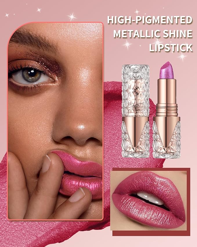 Glitter Metallic Shimmer Red Lipstick Long Lasting,Diamond High Pigmented Pink Metallic Matte Liquid Lipstick Non-Stick Nude Lip Gloss,Transfer Proof Lip Color Lip Stick Makeup for Women-03
