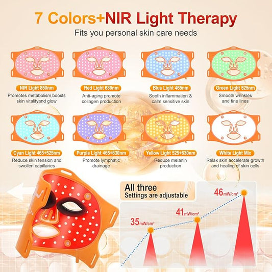Red Light Therapy for Face with Ice Compress, 850nm Infrared Red Light Therapy, 8 Light Modes Led Face Mask Light Therapy, 4 in 1 lamp beads, 3000mAh, Facial light therapy devices for Home, Orange