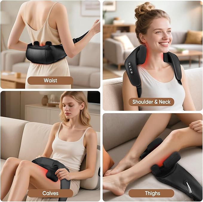 Shiatsu Neck and Back Massager, Shoulder Massager for Pain Relief Deep Tissue, Cordless 4D Deep Tissue Kneading Massage Pillow with Heat for Neck, Back, Legs, Massager Gifts for Men Women