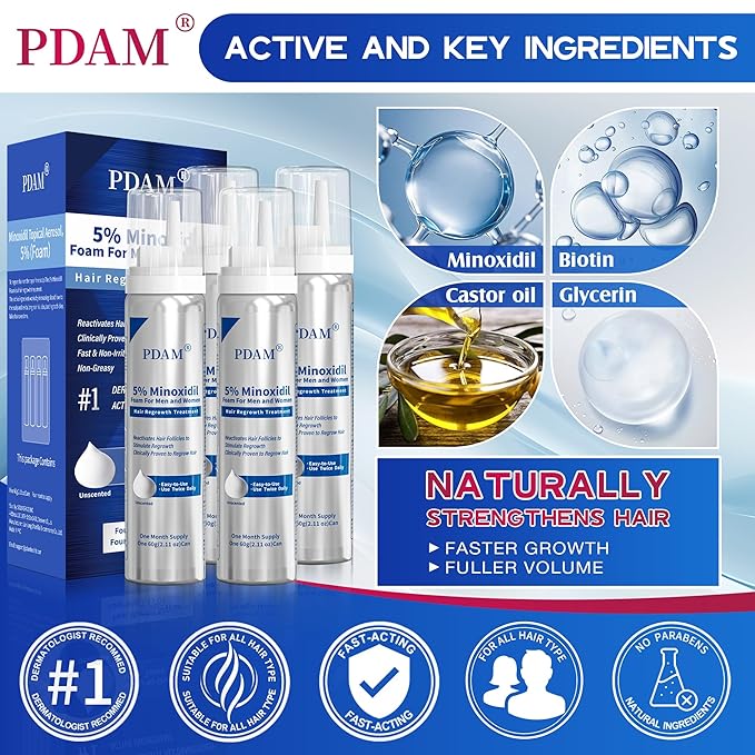 Minoxidil for Men and Women Foam Hair Growth - 5% Minoxidil Foam Hair Regrowth Treatment for Men, Topical Hair Loss Treatments, Extra Strength Thicker & Fuller Hair, 4 x 2.11 oz for 4 Months