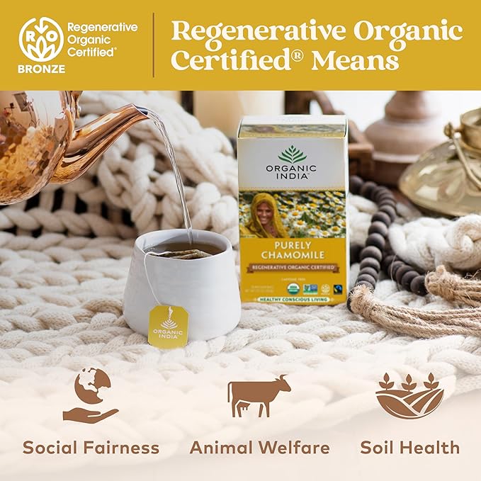 Organic India Purely Chamomile Tea- Regenerative Organic Chamomile Flowers, Caffeine Free, Calming & Relaxing Herbal Tea, Natural Support for Sleep & Relaxation- 18 Tea Bags, Pack of 3