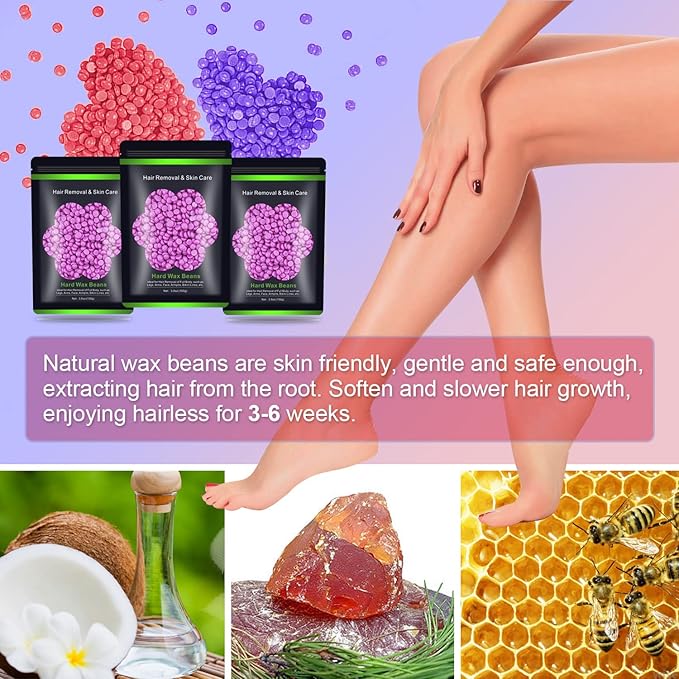 Wax Beads for Hair Removal 10.5oz (300g), Auperwel Hard Wax Beads Beans for Sensitive Skin Brazilian Waxing, Face, Bikini, Eyebrow, Legs, Painless for Women Men, 3 packs Kit with 10 Sticks