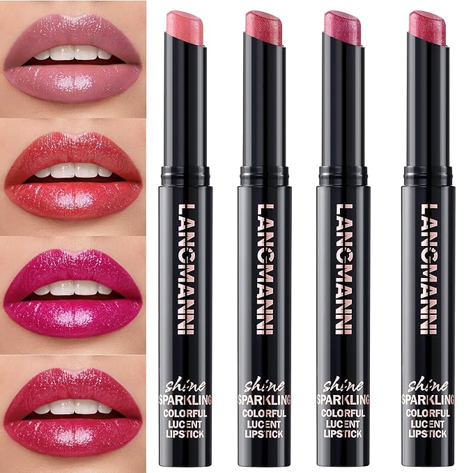 Jolilab 4Pcs Sparkling Lipstick Lip Gloss Long Lasting Waterproof Moisturizer Lip Balm Glitter Shimmer Metallic Lipstick, Diamond Shiny Bold Glow Goth for Women Girls,Non-sticky(01+02+07+08