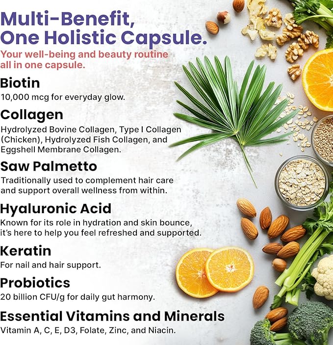 27-in-1 Hair Skin and Nails Vitamins (6810mg) with Biotin 10000mcg - Collagen Supplements for Men and Women - Keratin Supplements with Probiotics and Saw Palmetto, 90ct